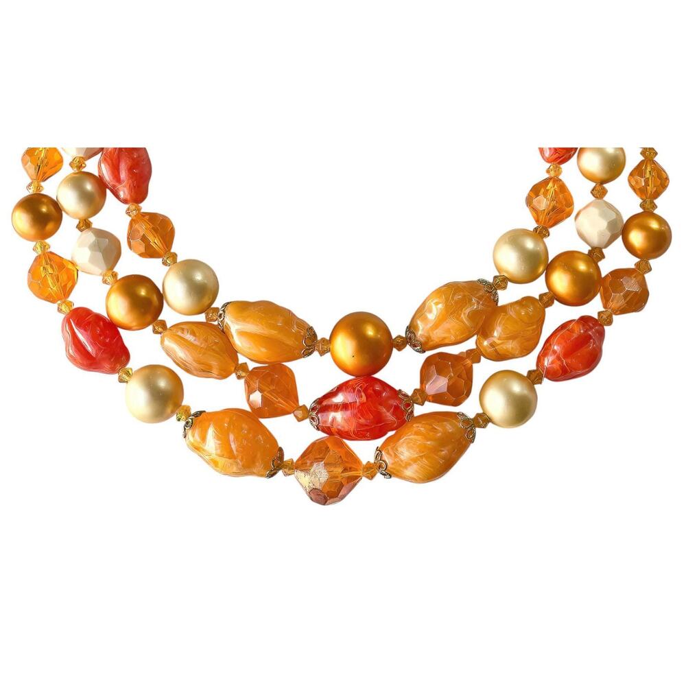 1960s Germany Orange & Cream 3 Strand Beaded Choker Necklace Vintage Mod - Picture 3 of 5